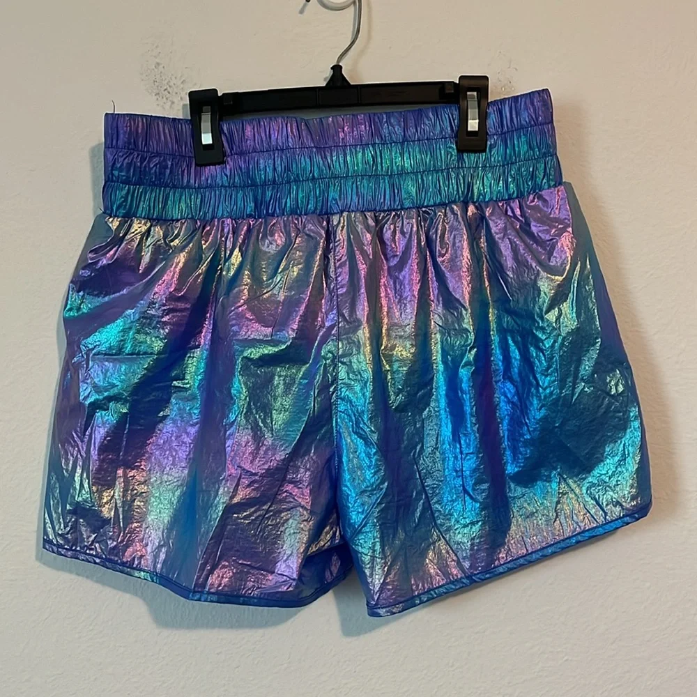 PINK LILY Iridescent Blue & Purple High Waist Lined Athletic Shorts - Picture 4 of 4